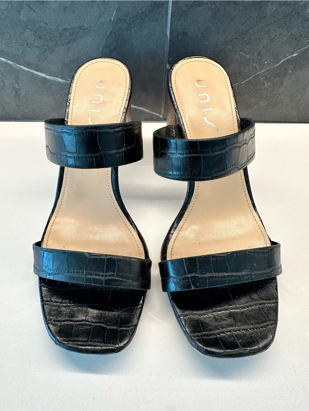 Unisa Yara 3 Black Croc-Embossed Double Strap Block Heel Sandals